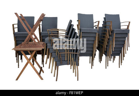 Black Collection de chaises en rotin et tables de jardin isolated on white Banque D'Images