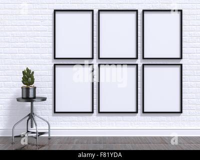 Cadre photo avec des maquettes, des selles, le plancher et le mur. Illustration 3D render Banque D'Images