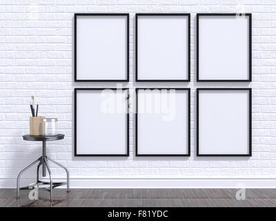 Cadre photo maquette avec table, le plancher et le mur. Illustration 3D render Banque D'Images