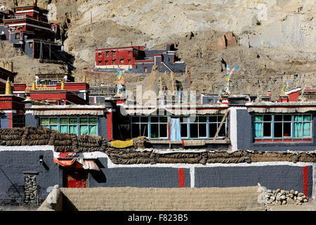 Rouge-blanc-gris peint les bâtiments. Motifs de l'ANNONCE 1073-Khon Konchog Amérique du Nord Siège de Sakya-Gray monastère du sol. Le Tibet. Banque D'Images