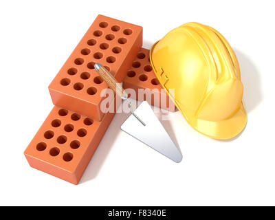 Casque de sécurité avec des briques perforées ronde et truelle. Rendu 3D illustration, isolé sur fond blanc. Vue d'en haut Banque D'Images