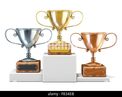 Or, argent et bronze trophée gagnants des tasses. Rendu 3D illustration isolé sur fond blanc Banque D'Images