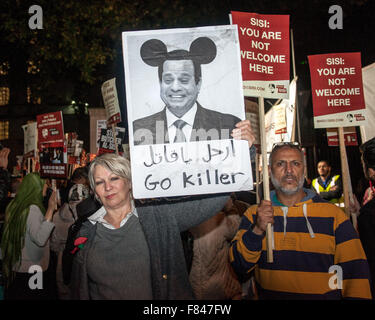 Des centaines d'Egyptiens se rassemblent à l'extérieur de Downing Street pour protester contre l'état de Président Abdel Fattah al-Sisi d'Égypte. Les manifestants affirment que Sisi est en train de devenir un dictateur et sont furieux de sa prochaine visite d'état du Royaume-Uni. Comprend : voir où Banque D'Images