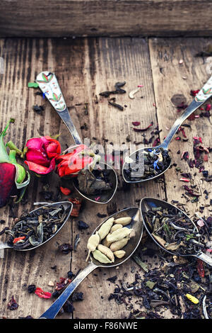 Variétés de thé brassé dans une cuillère de fer sur fond de bois avec des boutons de roses thé Banque D'Images