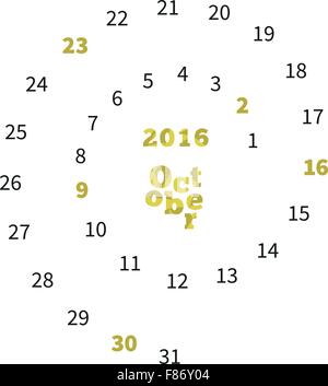 Calendrier créatif pour octobre 2016 avec des dates sur spiral Illustration de Vecteur