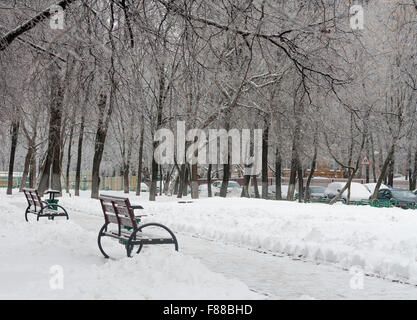 Bancs gelés en hiver neige city park Banque D'Images