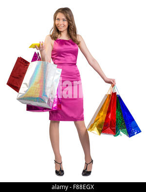 Young Girl holding des sacs colorés et du téléphone mobile dans ses mains Banque D'Images