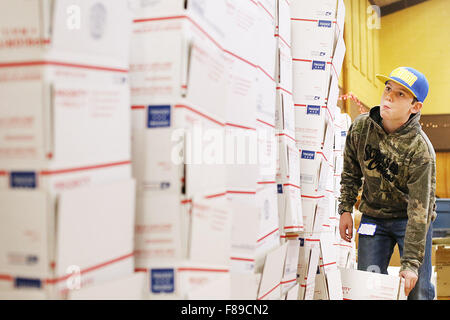 Napa, CA, USA. 5 déc, 2015. Joe Quinn regarde la pile de boîtes vides lors de l'opération avec l'amour de la maison de soins de l'Assemblée générale à l'événement de l'église de concordance dans Napa le samedi. © Napa Valley Inscription/ZUMA/Alamy Fil Live News Banque D'Images