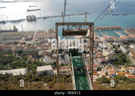 Regardant vers le bas sur le port de Gibraltar du téléphérique qui mène les gens au sommet de la roche. Banque D'Images