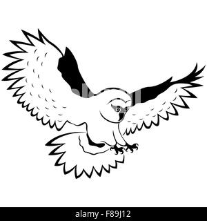 Funny owl en vol avec les ailes étendues large et griffes acérées, dessin à la main contour vectoriel isolé sur fond blanc Illustration de Vecteur