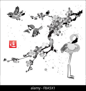 Carte avec sakura dans l'oiseau et des flamants roses. À la main avec de l'encre. La peinture japonaise traditionnelle. Hiéroglyphe ' voie". Banque D'Images