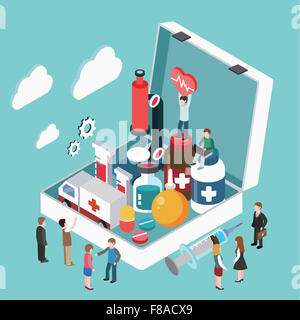 Les gens avec des objets de la médecine dans une trousse de premiers soins Banque D'Images