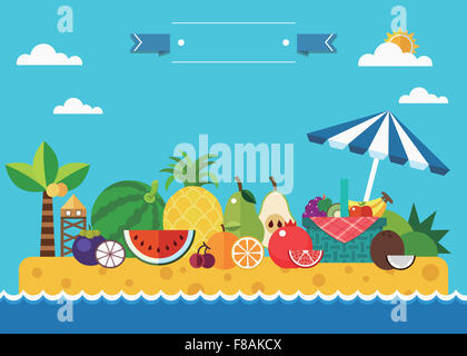 Divers fruits de palmier et parasol sur la plage en été Banque D'Images