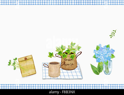 Jardinage écologique avec fleurs, plantes, pots et enveloppe, aquarelle Banque D'Images