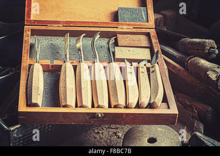 Retro Vintage ancien stylisé carpenter tools. Banque D'Images