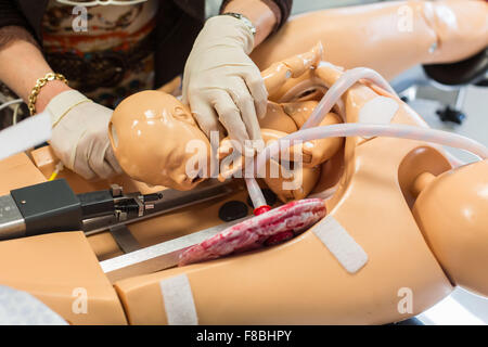 La prestation d'un étudiant sage-femme mannequin bébé à partir d'un mannequin adulte, les deux mannequins sont équipés de capteurs, de son et d'autres dispositifs conçus pour simuler un grand nombre des conditions de l'accouchement, Limoges, France. Banque D'Images