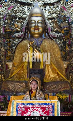 La correction de l'EMPLACEMENT DE LA CÉLÉBRATION MARDI (151208) -- BEIJING, 8 décembre 2015 (Xinhua) -- Le fichier photo prise le 23 avril 2013, présente le 11e Panchen-Lama, Bainqen Erdini Qoigyijabu, préside une assemblée du dharma en priant pour les personnes touchées par le tremblement de terre de Lushan du sud-ouest de la province chinoise du Sichuan, au temple Yonghegong Lama à Beijing, capitale de la Chine. Des célébrations se sont déroulées dans le sud-ouest de la Chine, Xigazê, région autonome du Tibet, le mardi pour marquer le 20e anniversaire de l'intronisation de Bainqen Erdini Qoigyijabu, le 11e Panchen-Lama, l'un des deux 'plus vénéré livi Banque D'Images