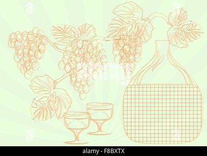 Bouteille, verres et raisins sur fond vert Illustration de Vecteur