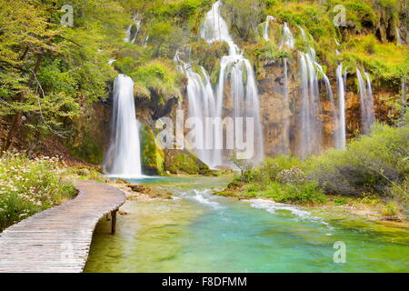 Cascades dans le parc national des Lacs de Plitvice (Plitvicka Jezera), la Croatie, l'UNESCO Banque D'Images