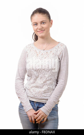 Une jeune femme avec cheveux attaché isolé sur fond blanc Banque D'Images