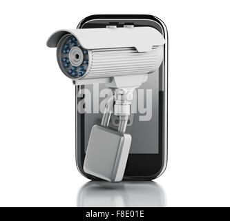 L'image de rendu 3d. Smartphone avec caméra de surveillance et d'un cadenas. Concept de sécurité mobile. Isolé sur fond blanc Banque D'Images