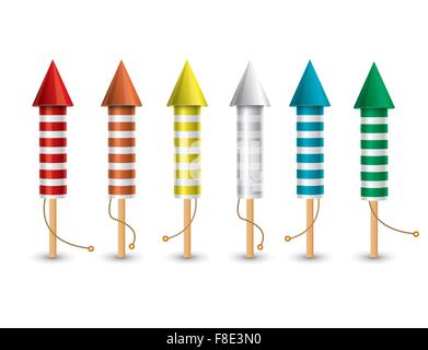 Ensemble de fusées pyrotechniques isolé sur fond blanc. Vector illustration. Collection de 6 couleurs différentes fusées. Illustration de Vecteur