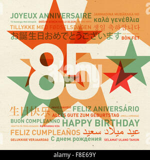 85e anniversaire joyeux anniversaire du monde. Carte de célébration des langues différentes Banque D'Images