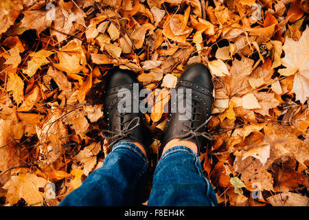 Les jambes des femmes en chaussures noir debout sur un automne jaune feuilles d'érable d'autumn park Banque D'Images