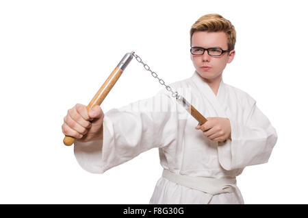 Funny karate fighter avec nunchucks on white Banque D'Images