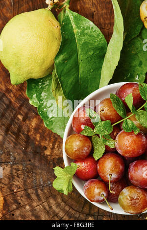 Prunes rouges dans un bol sur bois entourée de citronniers et vert Banque D'Images