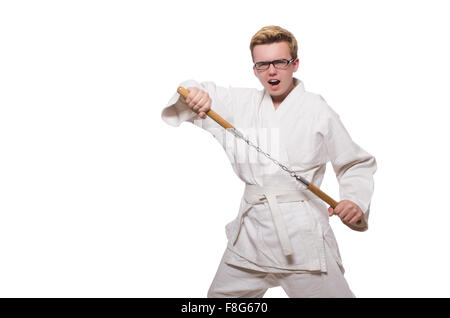 Funny karate fighter avec nunchucks on white Banque D'Images
