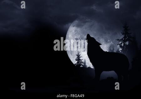 Loup hurlant fond sombre. Pleine Lune et le désert. Banque D'Images