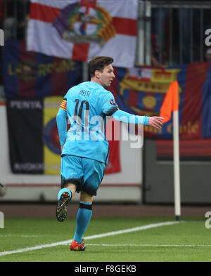 Leverkusen, Allemagne, le 9 mai 2015. Ligue des Champions, Bayer 04 Leverkusen vs FC Barcelone : Lionel Andrés Messi (Barcelone) célèbre après avoir marqué. Banque D'Images