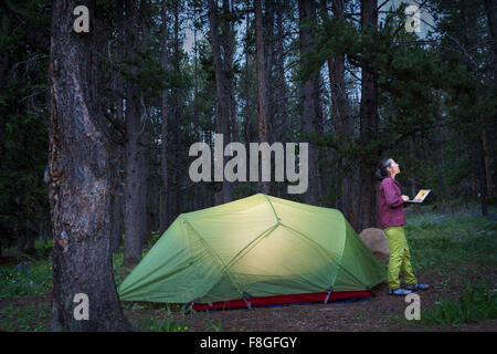 Japanese woman using laptop at campsite Banque D'Images