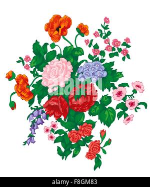 Bouquet de vecteur à la rose, coquelicots, jacinthes, fleurs sauvages et de feuilles vert isolé sur blanc. Illustration de Vecteur