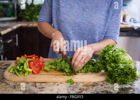 Mixed Race woman chopping vegetables in kitchen Banque D'Images