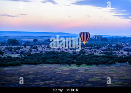 Hot Air Balloon voler au-dessus de paysage de savane Banque D'Images