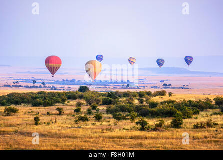 Montgolfières volant au-dessus de paysage de savane Banque D'Images