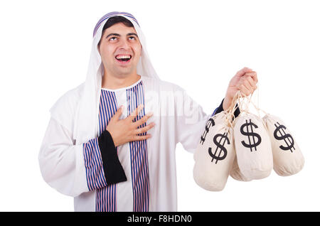 L'homme arabe avec de l'argent sacs isolated on white Banque D'Images