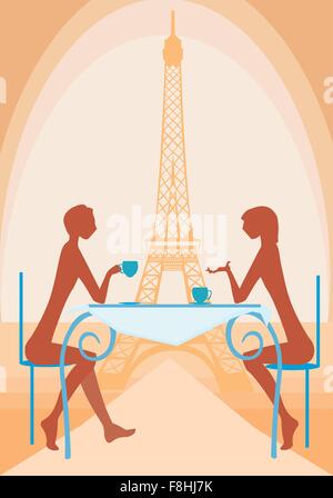 Image vectorielle de la femme de boire du café en café à Paris près de la Tour Eiffel Illustration de Vecteur