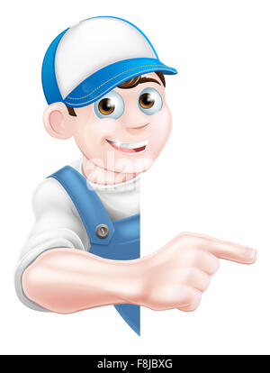Cartoon mécanicien, plombier, jardinier, bricoleur ou décorateur leaning autour d'un signe et de pointage Banque D'Images