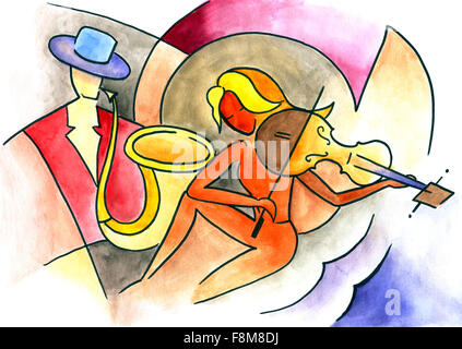 Illustration musicale dans un style moderne avec le saxophoniste mâle et femelle sur le violoniste abstract background. Banque D'Images