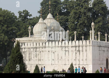 DELHI, INDE - NOV 25 : Détail architectural de Moti Masjid, en anglais Pearl mosquée, une mosquée de marbre blanc à l'intérieur du Fort Rouge c Banque D'Images