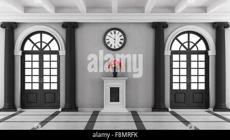 Maison de luxe Noir et blanc entrée avec deux fenêtres et sur pied avec des fleurs - le rendu 3D Banque D'Images