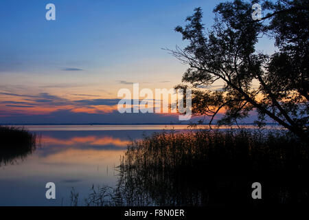 Lac Mueritz au coucher du soleil dans le parc national de Müritz / Parc national de Müritz, Mecklembourg-Poméranie-Occidentale, Allemagne Banque D'Images