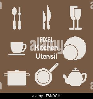 Vector icons set d'ustensile de cuisine en style pixel art Illustration de Vecteur