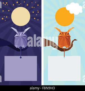 Origami vecteur animal isolé. Triangle Cute Owl couchage avec soleil, lune et étoiles sur ciel nuit et jour Illustration de Vecteur