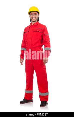 Technicien dans l'ensemble orange isolated on white Banque D'Images