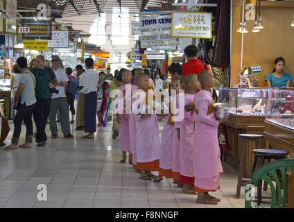 Petite fille moine dans une rangée au marché, pour demander la charité Banque D'Images