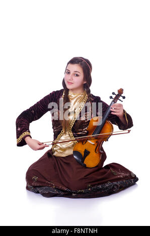 Femme jouant du violon sur blanc Banque D'Images